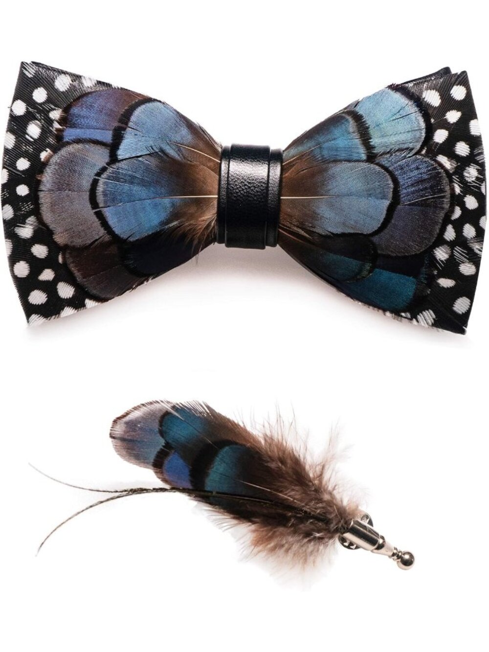 Stylish Handmade Feather Bow Tie & Brooch Set for Men - Unique Formal Accessory